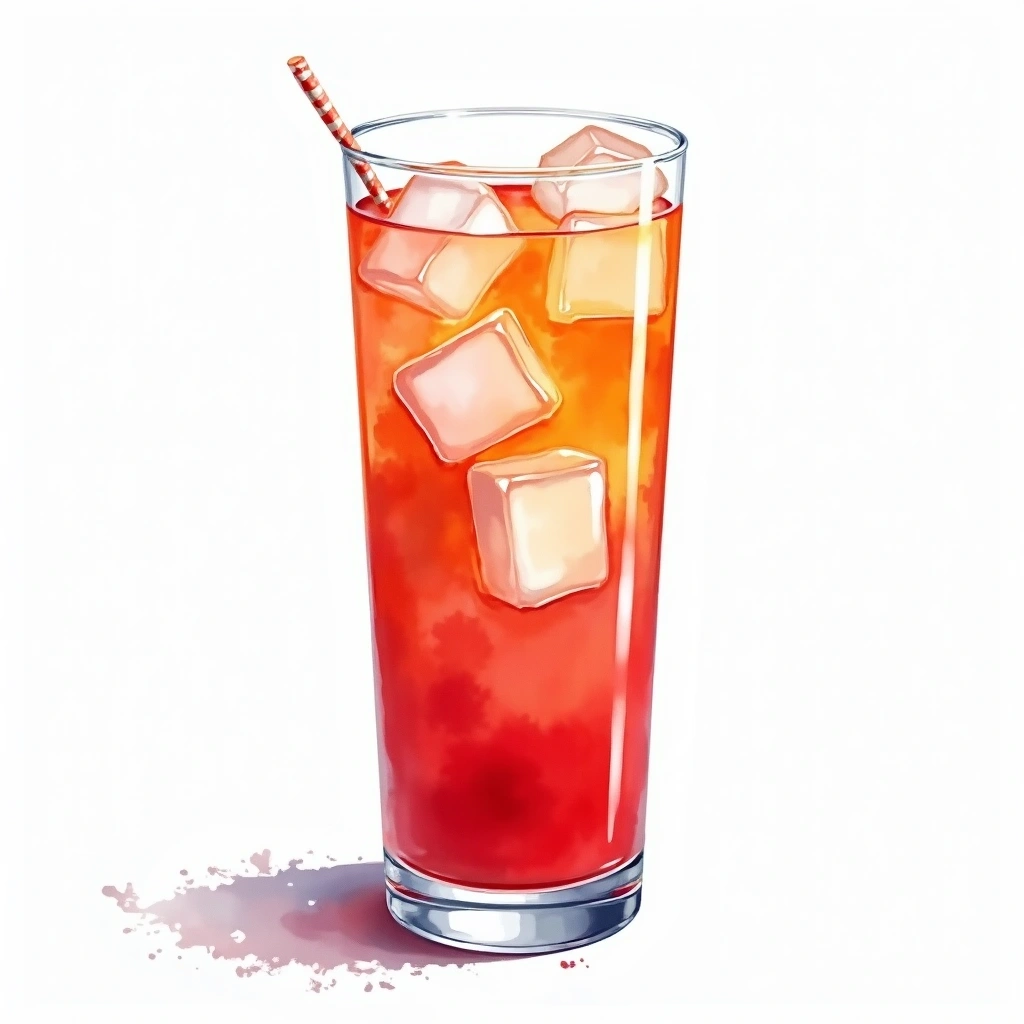 Affair cocktail in a highball glass — made with Strawberry schnapps, Orange juice, and Cranberry Juice