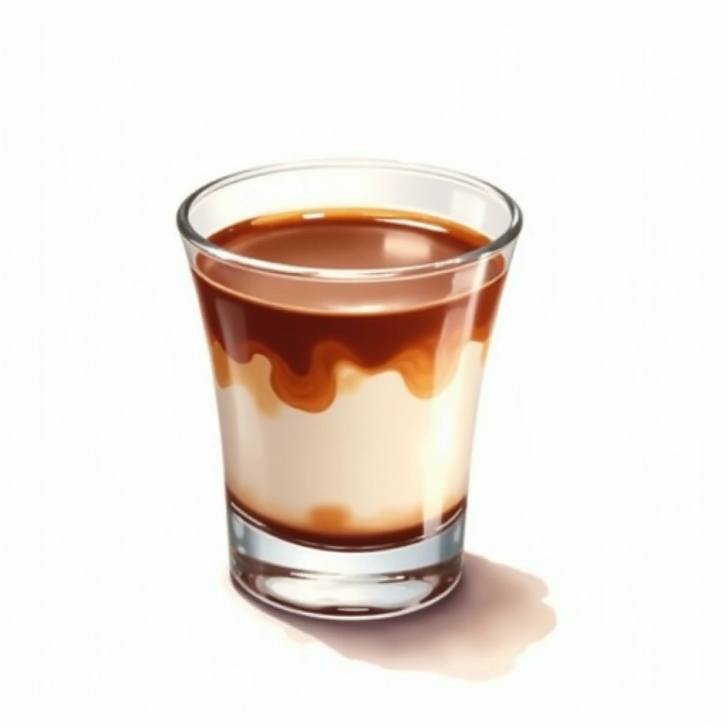 Chocolate Milk cocktail in a shot glass — made with Chocolate Liqueur, Milk, and Amaretto