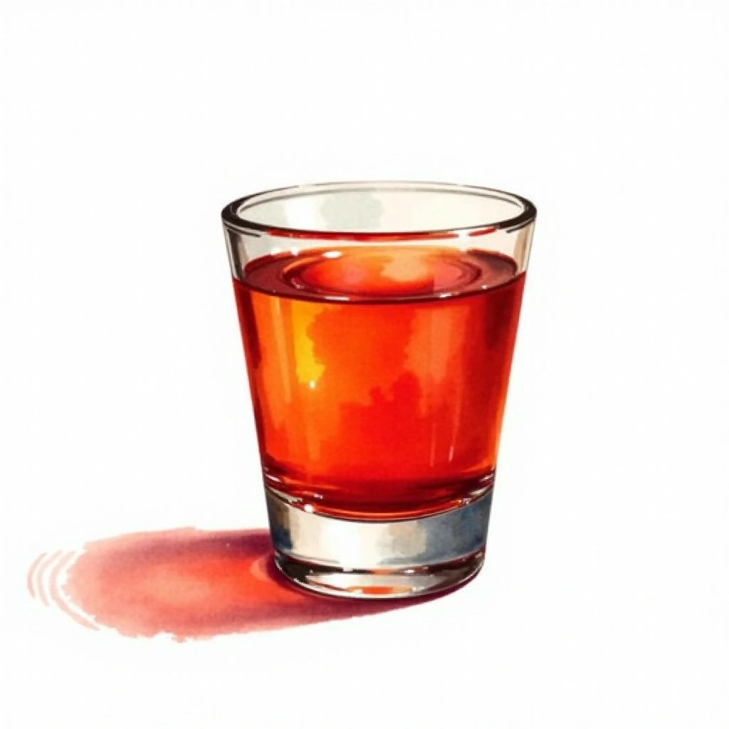 Fahrenheit 5000 cocktail in a shot glass — made with Firewater, Absolut Peppar, and Tabasco sauce