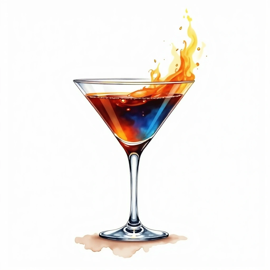 Flaming Lamborghini cocktail in a cocktail glass — made with Kahlua, Sambuca, and Blue Curacao