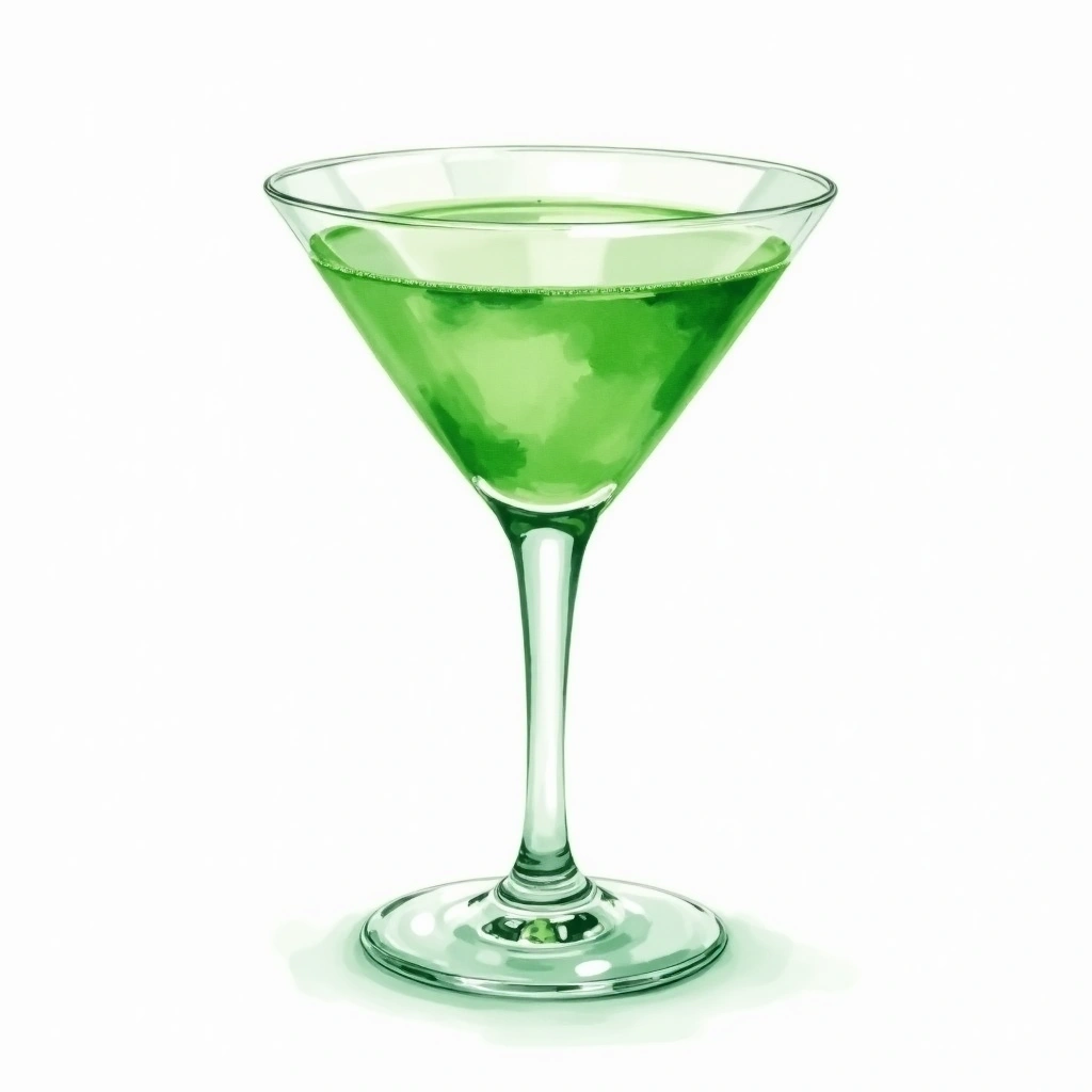 Grasshopper cocktail in a cocktail glass — made with Green Creme de Menthe, Creme De Cacao, and Light cream
