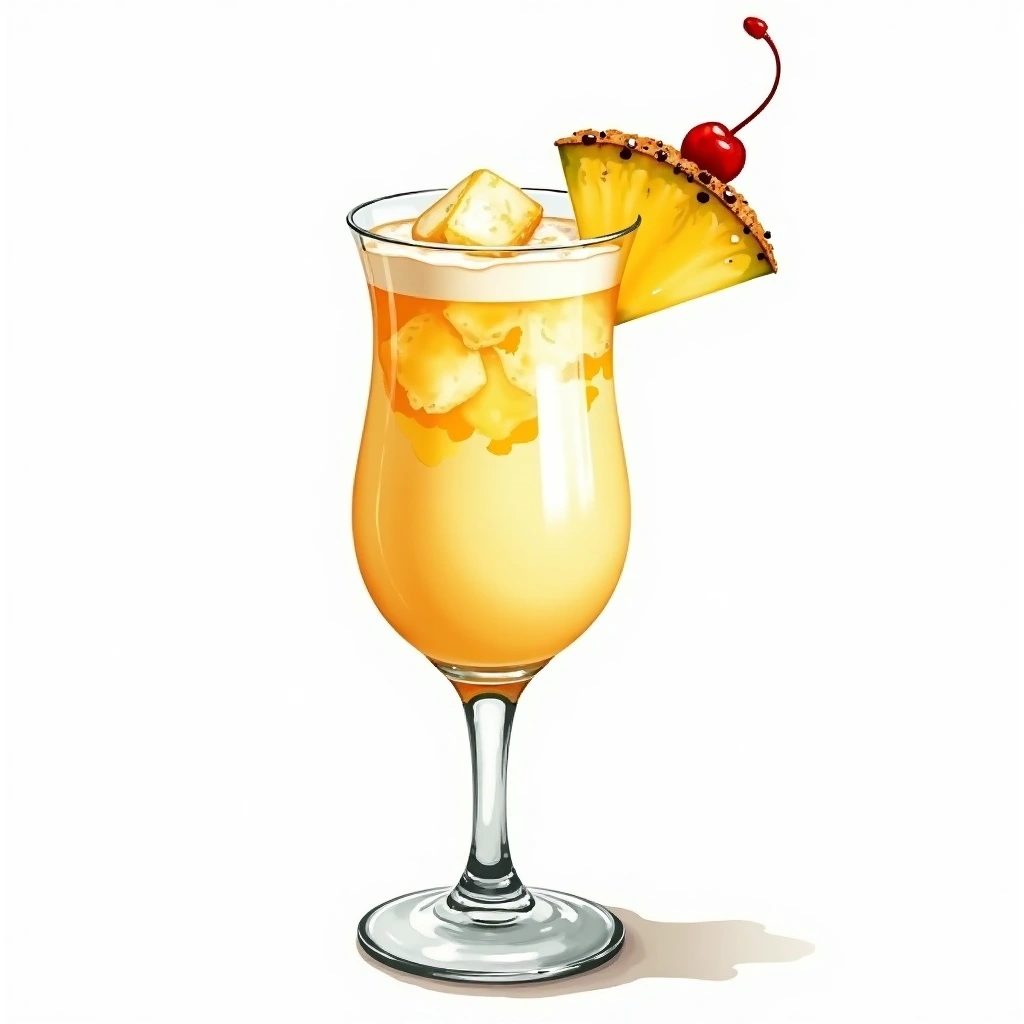 Pina Colada cocktail in a collins glass — made with Light rum, Coconut milk, and Pineapple