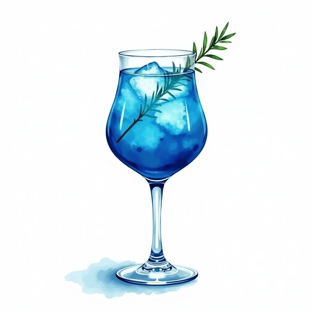 Rosemary Blue cocktail in a balloon glass — made with Gin, Blue Curacao, and Tonic water