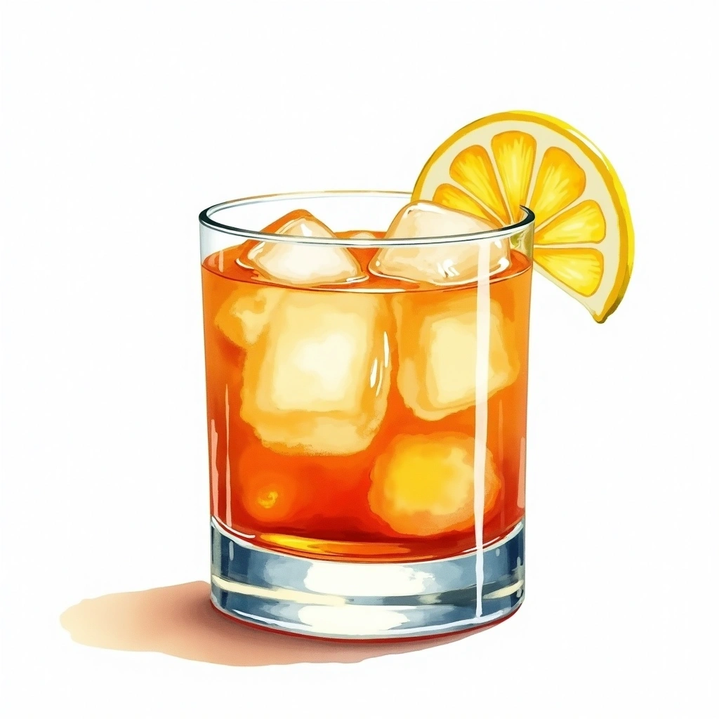 Rusty Nail cocktail in a old-fashioned glass — made with Scotch, Drambuie, and Lemon peel