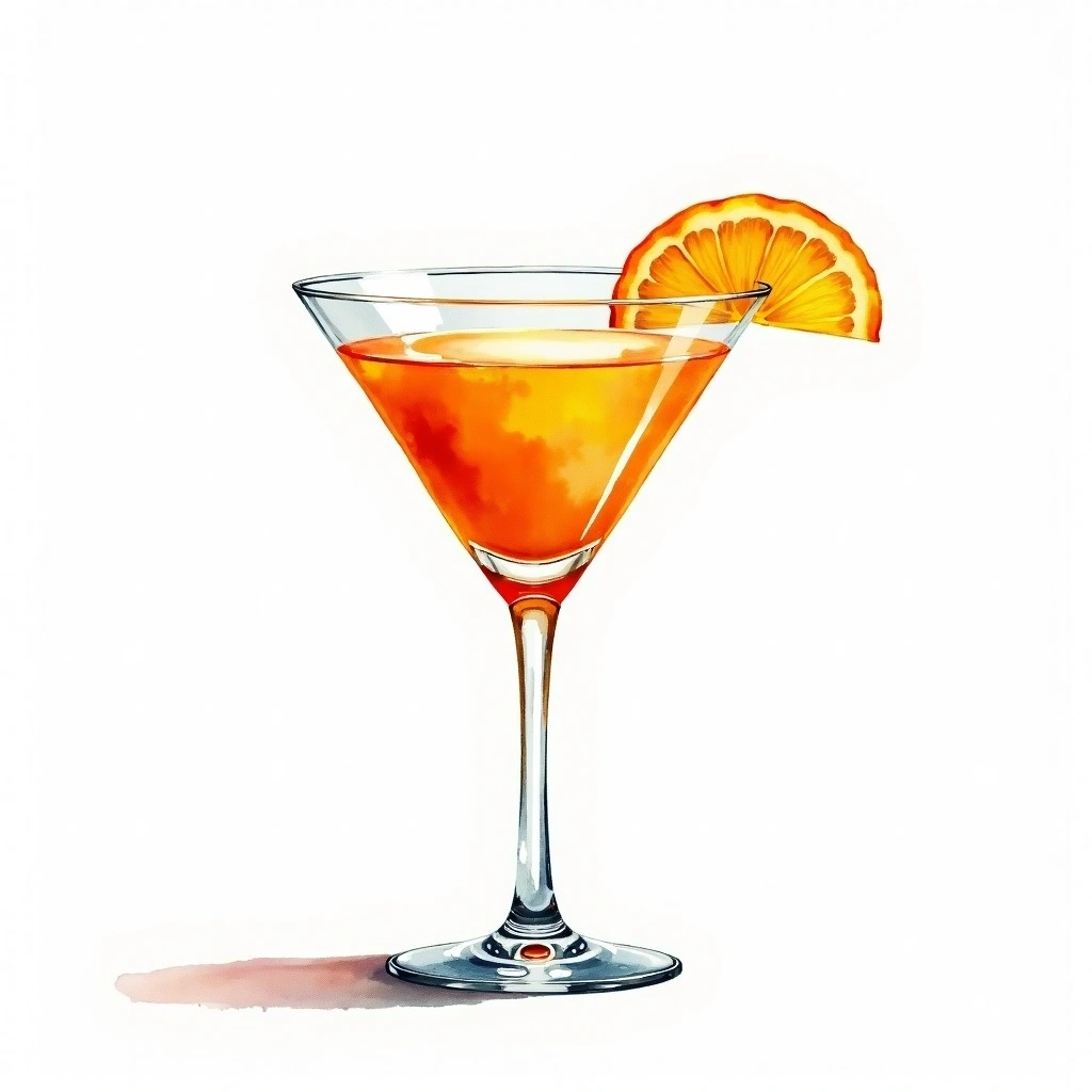 Thriller cocktail in a cocktail glass — made with Scotch, Wine, and Orange juice